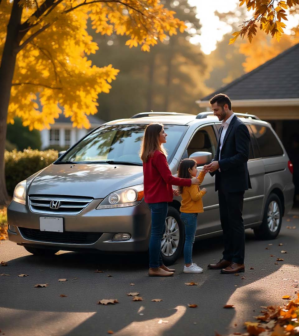 Eine Familie übergibt ein Auto an einen Händler beim Autoankauf Landshut vor dem Haus
